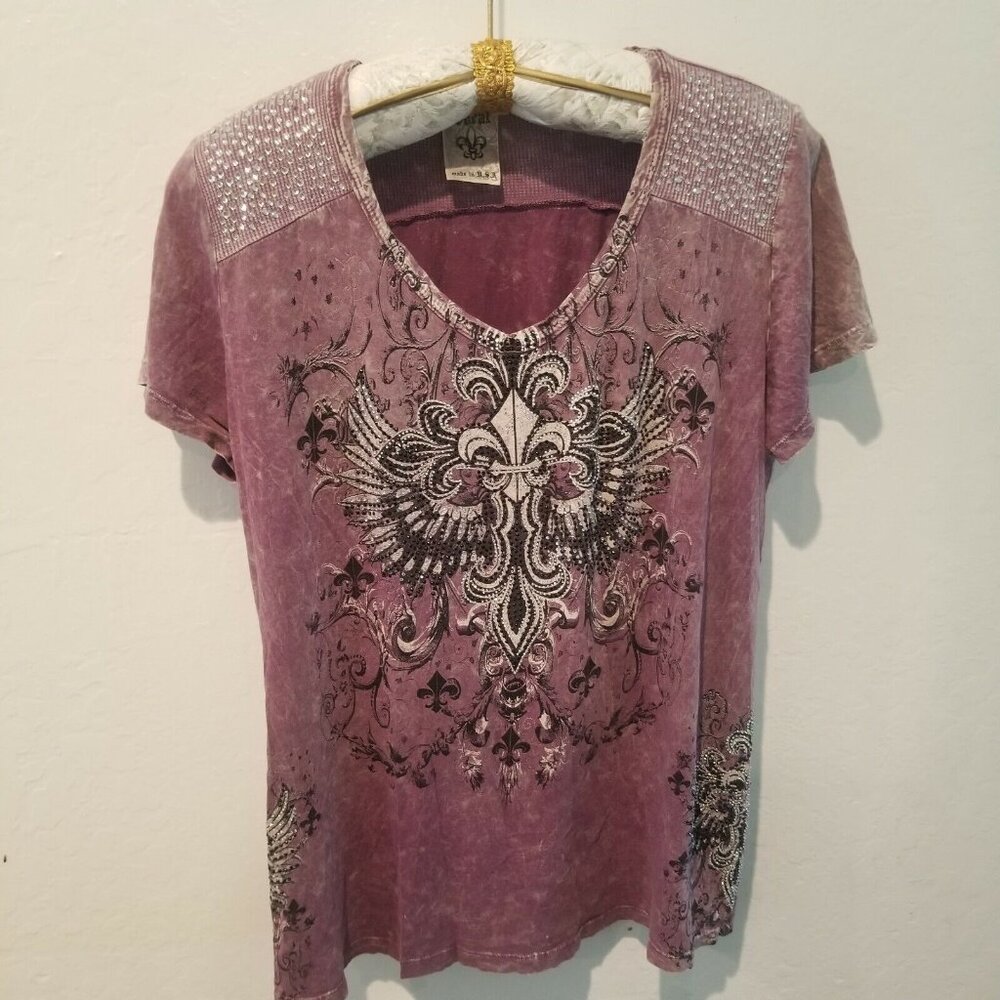 Voral Women's V-Neck Short Sleeve Waffle-Knit Studded Paisley Top Purple/Black